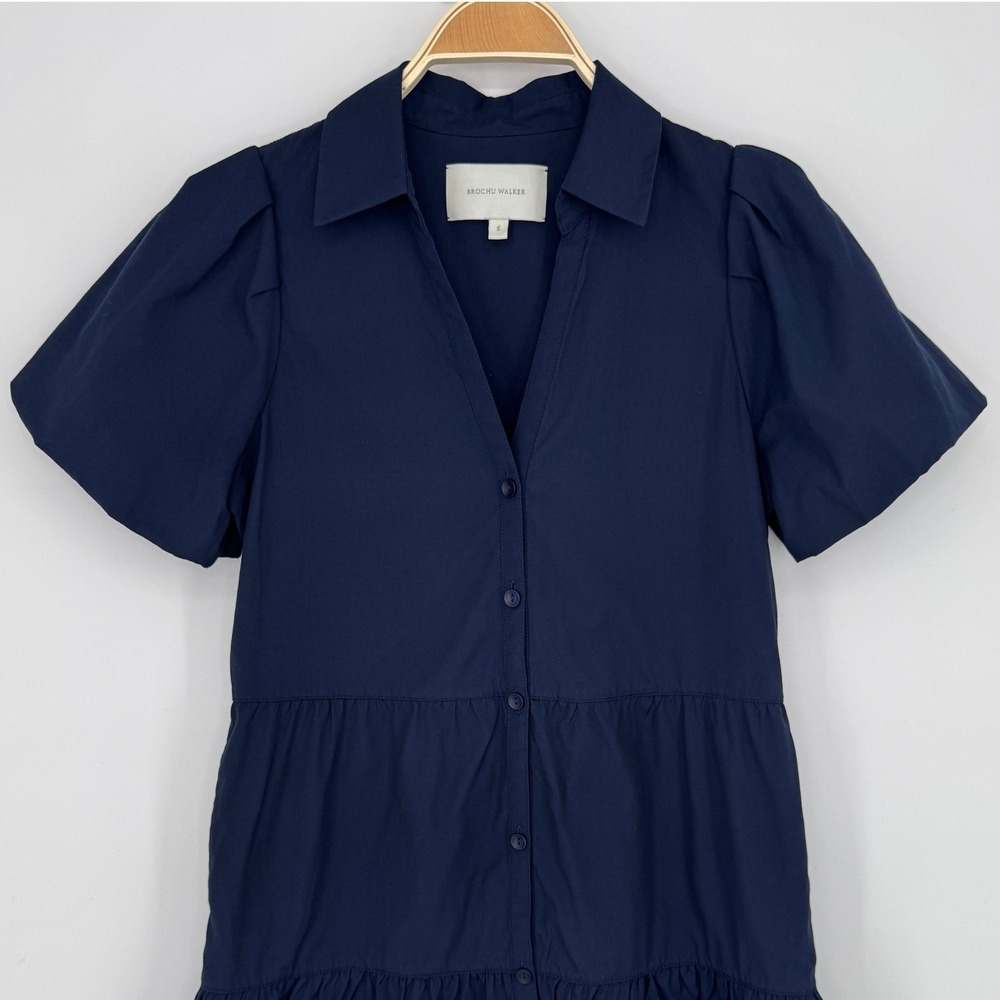Brochu Walker Havana Mini Dress Small Navy Tiered Puff Sleeve Preppy Coastal - Picture 6 of 13